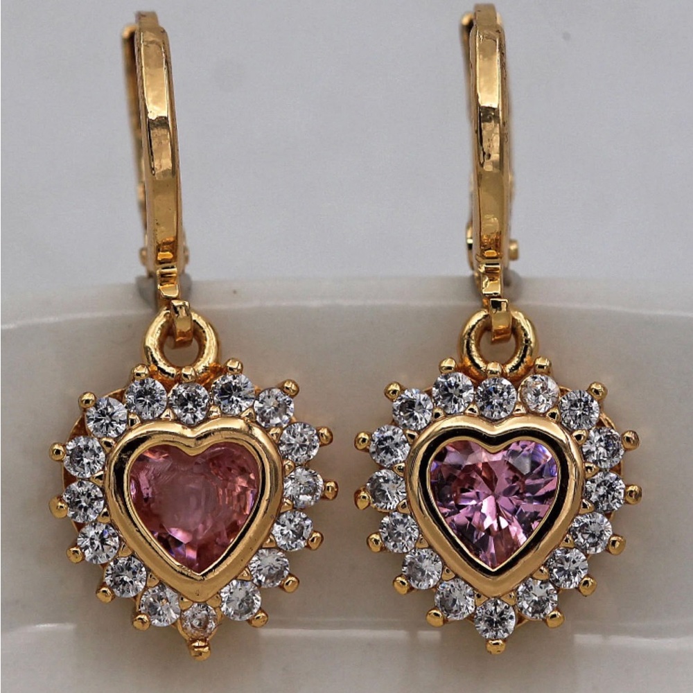 Elegant 18kt Gold Heart Simulated Diamond Paved Halo Dangle Drop Earrings